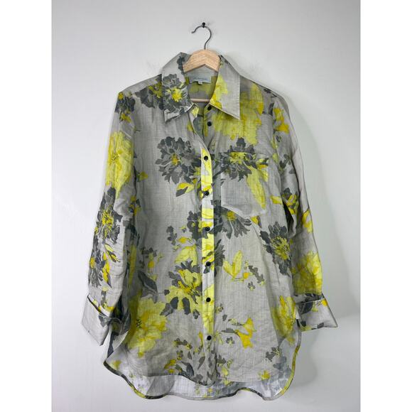 NEW Lee Mathews Lila Button Front Long Sleeve Floral Shirt Yellow Gray Size: 4 - Picture 2 of 7